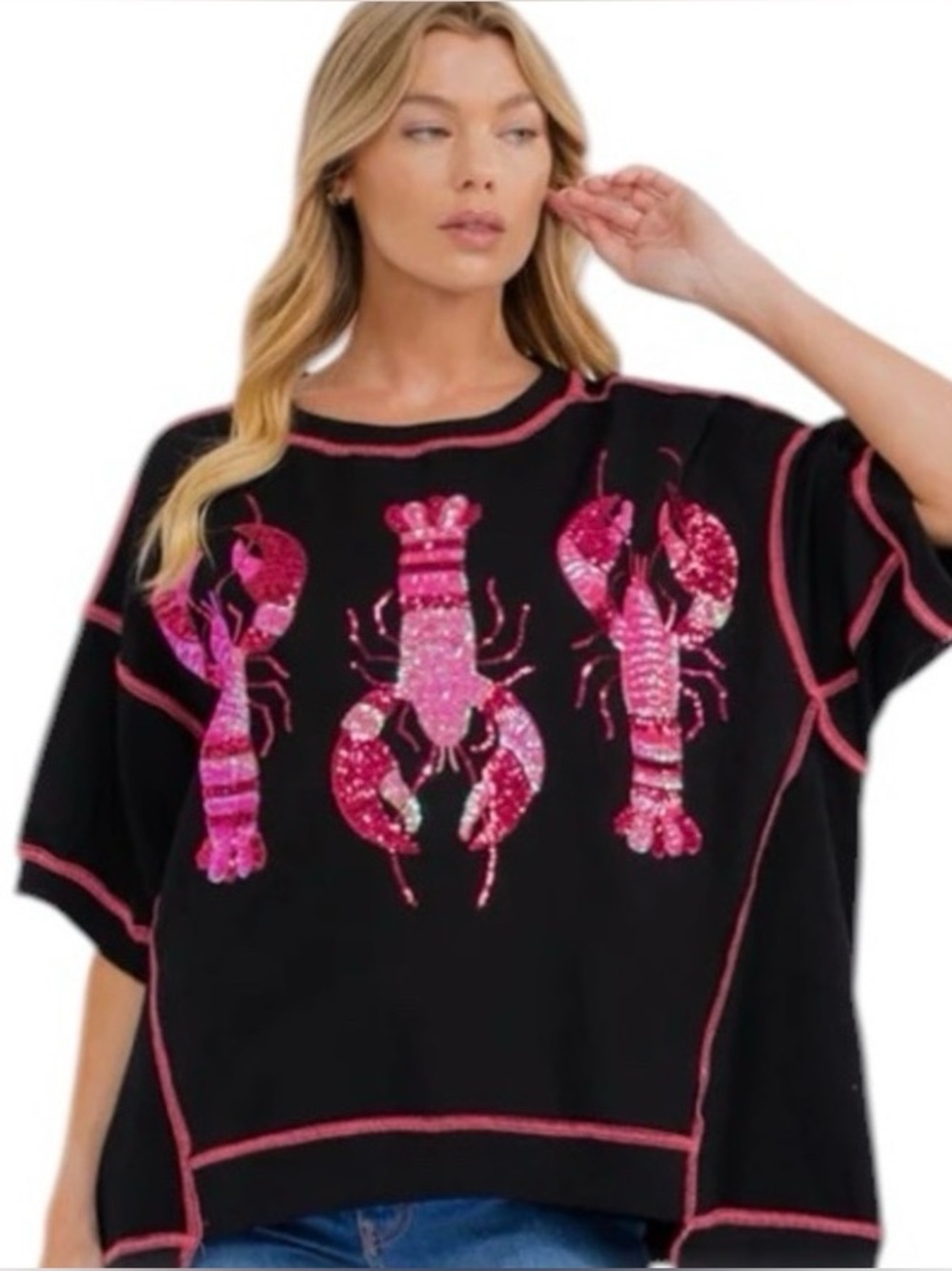 P004:  FANTASTIC FAWN NEW SEQUIN LOBSTERS TOP BLACK (H29)